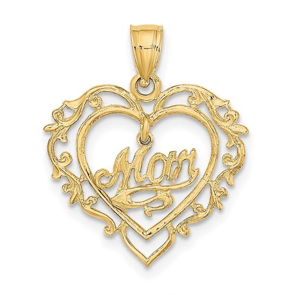 14k Yellow Gold Polished MOM Dangle in Fancy Heart Pendant